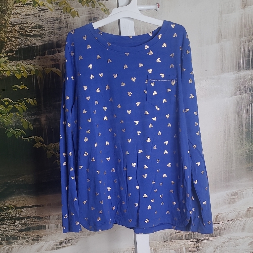 Cat & Jack Girls Large bright blue shimmery gold hearts Long Sleeve Shirt